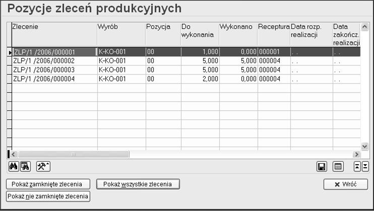 Analiza Pozycje zleceń produkcyjnych zawiera następujące selektory: Pokaż zamknięte zlecenia, Pokazuje zlecenia w całości zrealizowane.