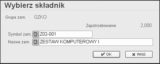 Po wybraniu z listy wyrobu pojawia się zlecenie produkcyjne, z którego został wybrany wyrób oraz proponowana jest ilość, która pozostała jeszcze do wykonania.