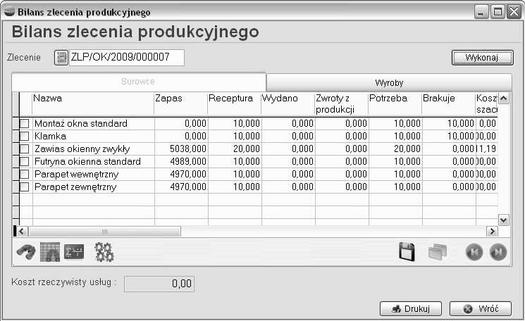 8.2. Bilans zlecenia produkcyjnego (P i R) Opcja Bilans zlecenia produkcyjnego (P i R) opiera się na dokumentach przychodu oraz rozchodu wewnętrznego generowanych automatycznie oraz ręcznie.