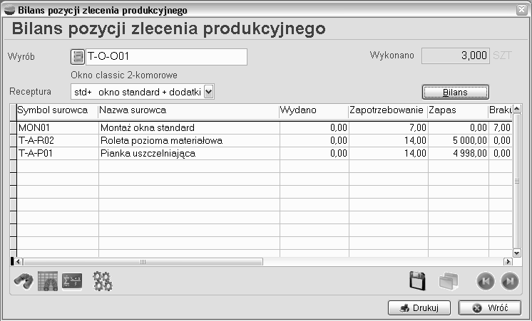 8.3. Bilans pozycji zlecenia produkcyjnego (MM) Opcja Bilans pozycji zlecenia produkcyjnego pokazuje ilości składników wyrobu dotyczące wybranej pozycji zlecenia.