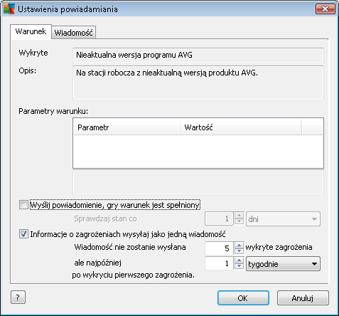 Uwaga: Prawidłowe wysyłanie powiadomień za pomocą poczty e-mail wymaga poprawnego skonfigurowania serwera SMTP na karcie Konfiguracj a/ustawienia serwera AVG Admin Server/ Poczta e-mail.