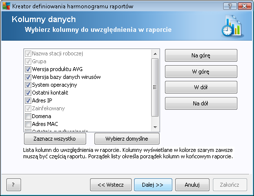 W tym oknie należy wybrać kolumny, które mają znaleźć się w raporcie. Kliknij przycisk Zaznacz wszystkie, aby wybrać wszystkie kolumny, lub przycisk Zaznacz domyślne, aby zachować domyślny wybór.