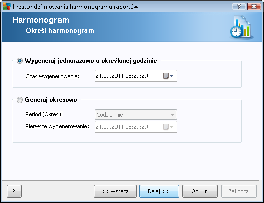 W tym oknie dialogowym należy określić, czy raporty mają być generowane jednorazowo w wybranym momencie, czy okresowo: Generuj j ednorazowo w określonym czasie wybierz dokładną godzinę i datę