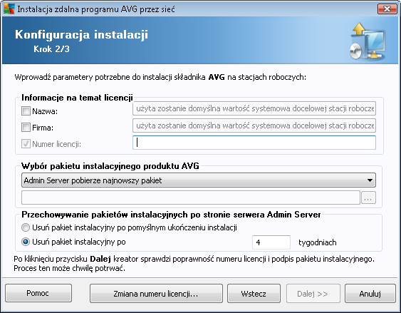 W tym kroku konieczne jest określenie następujących parametrów instalacji: Informacj e o licencj i wprowadź dane na temat licencji takie jak nazwa, firma i numer licencji (wartość wymagana).