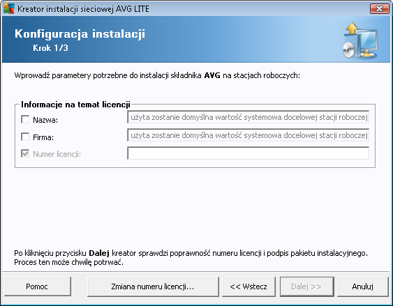 Kreator instalacj i sieciowej AVG Lite pozwala użytkownikowi szybko przejść przez proces tworzenia skryptu. Skrypt może później posłużyć do instalacji systemu AVG na stacjach roboczych. 8.2.1.