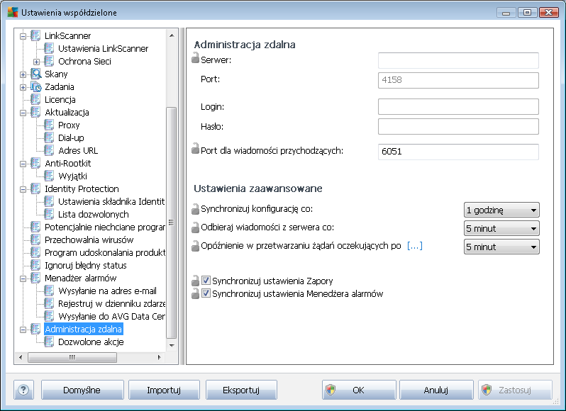 10.1.3. Administracja zdalna Ustawienia Administracj i zdalnej dostępne w programie AVG Admin Console zawierają kilka dodatkowych opcji (w porównaniu z ustawieniami stacji roboczej).