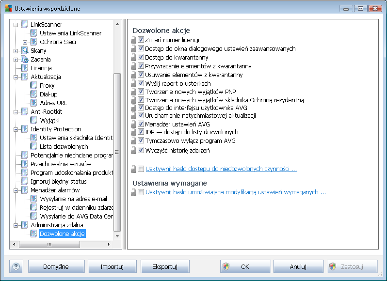 10.1.4. Dozwolone akcje Dozwolone akcje to pozycje, których używanie można włączyć lub wyłączyć dla danej stacji roboczej w programie AVG Admin Console.