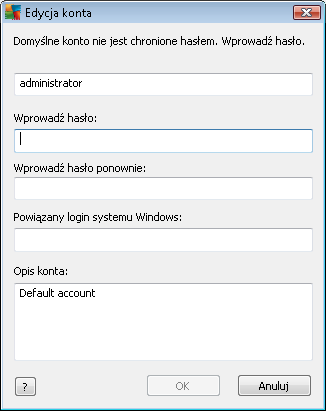 Wprowadź dla konta nazwę i hasło (dwukrotnie w celach weryfikacji). W polu Powiązany login systemu Windows można wprowadzić istniejący login systemu Windows.