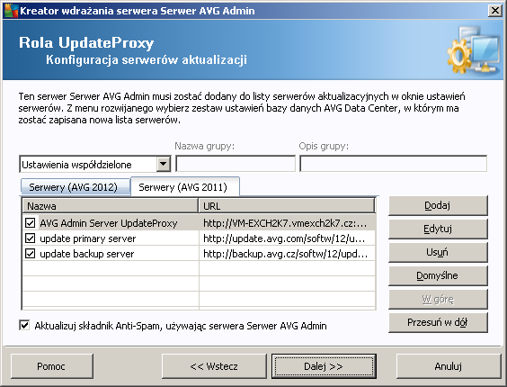 W tym oknie dialogowym istnieje możliwość dodania adresu URL obecnie wdrożonego serwera AVG Admin Server do listy serwerów aktualizacji używanej przez ustawienia stacji roboczej.