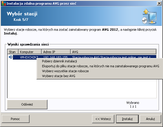 Eksportuj do pliku stacj e robocze bez zainstalowanego systemu AVG ta opcja pozwala utworzyć plik zawierający listę stacji roboczych, na których nie został zainstalowany system AVG.