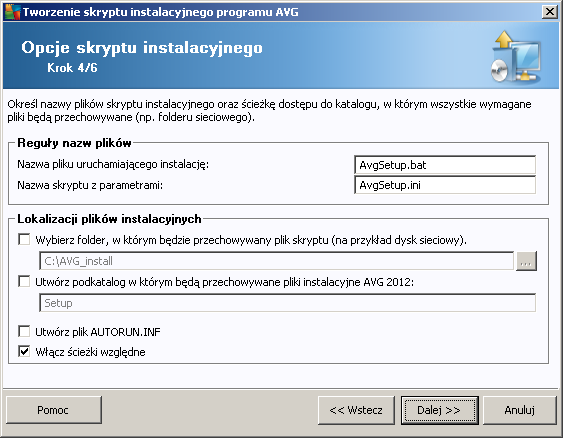 W tym kroku możliwe jest określenie nazw skryptów instalacyjnych, a także ich ścieżek i innych opcji.