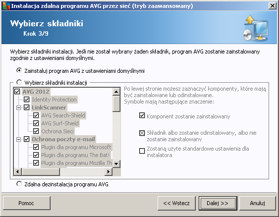 W tym kroku możliwy jest wybór między instalacją systemu AVG zgodnie z ustawieniami domyślnymi lub z niestandardowym zestawem składników.