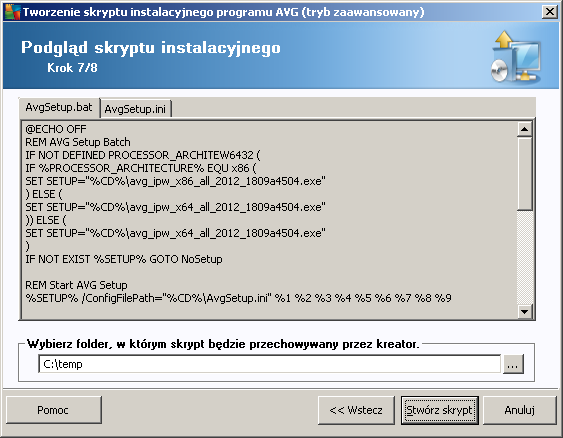 instalacyjny. Utwórz podfolder dla plików instalacyj nych 2012 zaznacz to pole wyboru, jeśli pliki instalacyjne systemu AVG mają zostać skopiowane do podfolderu i być w nim przechowywane.