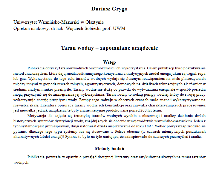 Etap 1. Formułowanie zadania badawczego: - oszacowanie współczesnego potencjału taranów wodnych Grygo D., Sobieski W.