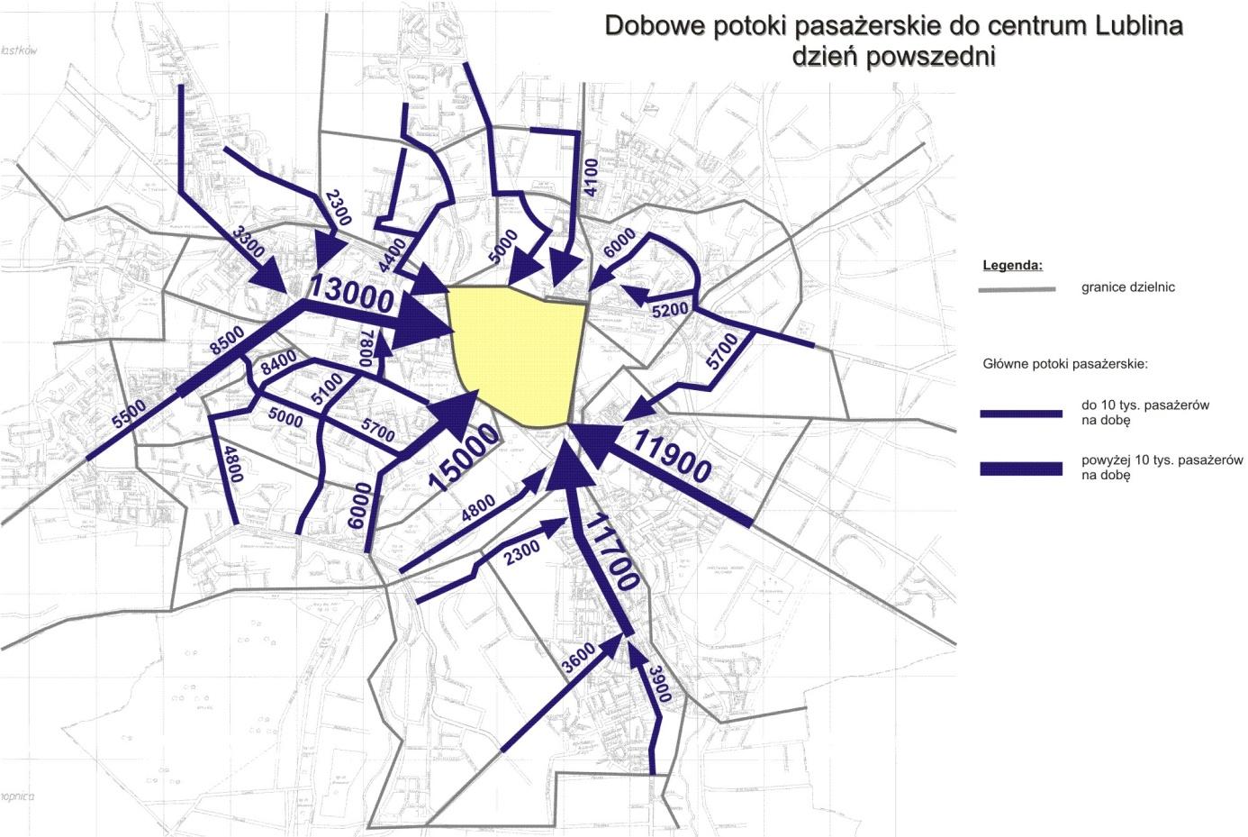 Rys. nr 4. Dobowe potoki pasażerskie z dzielnic do centrum Lublina w dniu powszednim w 2011 r. Źródło: opracowanie własne. Strefę centralną miasta oznaczono kolorem żółtym.