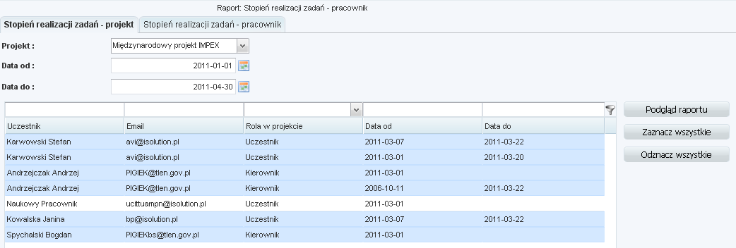 Powrót Przejście do listy pracowników na ekranie Raport: Macierz przypisania pracowników do projektów 6.2 