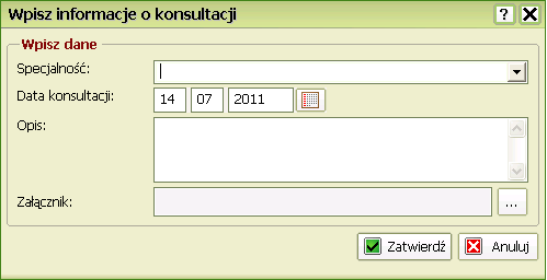 Wprowadzanie informacji o konsultacjach Po wybraniu z menu opcji Informacje o konsultacjach ukaże się formularz Wpisz informacje o konsultacji : Formularz umożliwia dodanie nowych informacji