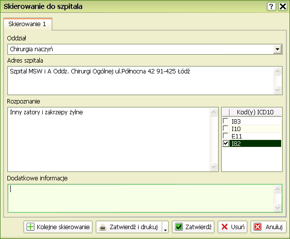 Wybierz z rozwijanej listy oddział do którego skierowany będzie pacjent. Wpisz adres szpitala (jest to pole opcjonalne więc może pozostać niewypełnione).