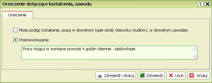 Uzupełnij wymagane pola tekstowe (Rozpoznanie, Choroby współistniejące, Opis przebiegu choroby, Wyniki badań pomocniczych, Ocena wyników), zaznacz zdolność albo niezdolność pacjenta do odbycia