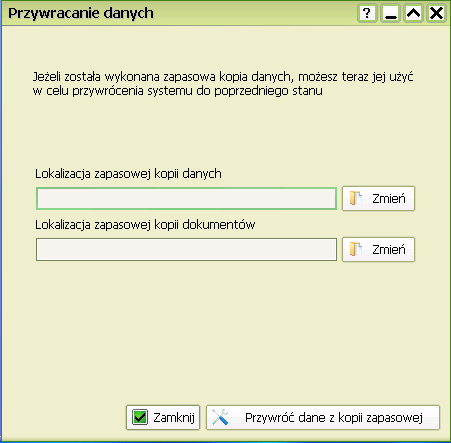 Przywracanie bazy danych z kopii zapasowej W przypadku uszkodzenia danych należy przywrócić bazę danych z najbardziej aktualnej kopii bezpieczeństwa.