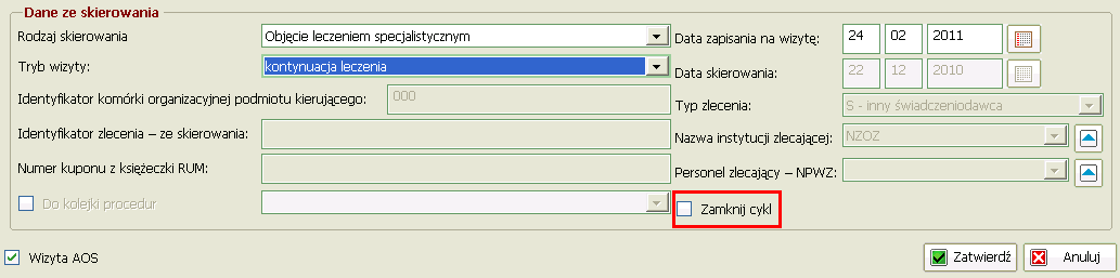 Cykl leczenia W chwili rejestracji na pierwszą wizytę z danego skierowania, zostaje otwarty cykl leczenia.
