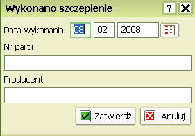 Wybierz z rozwijalnej listy nazwę szczepionki Ustaw datę wykonania szczepionki (dla ułatwienia możesz skorzystac z wbudowanego kalendarza - otworzysz go przyciskiem ) Uzupełnij pola Nr partii i