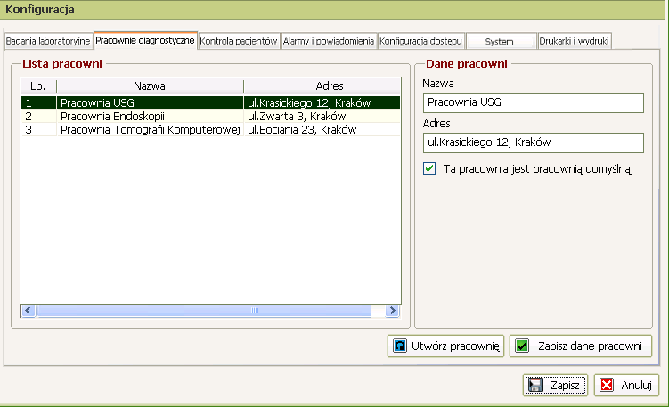 Konfiguracja pracowni diagnostycznych Zakładka Pracownie diagnostyczne umożliwia: Dodawanie nowych pracowni diagnostycznych Zmianę ustawień istniejących pracowni Dostęp do ustawień danej pracowni