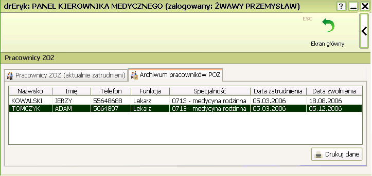 Archiwum pracowników Dostęp do Archiwum pracowników POZ posiada tylko kierownik medyczny. W archiwum przechowywane są dane dotyczące byłych pracowników.