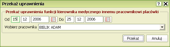 Przekazanie uprawnień kierownika medycznego W systemie dr Eryk Kierownik medyczny może czasowo przekazać swoje uprawnienia dowolnemu lekarzowi.