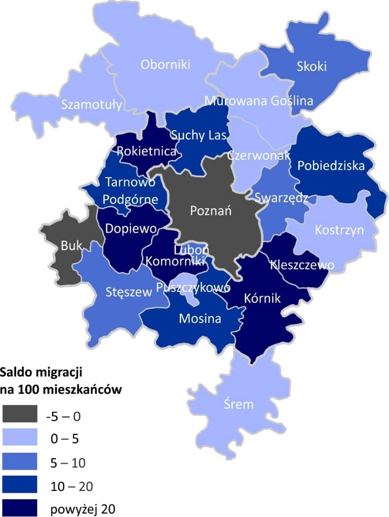 Przyrost naturalny w większości jednostek administracyjnych na obszarze Metropolii Poznań jest dodatni.