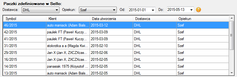 Zawiera listę paczek, które zostały utworzone w programie Sello.