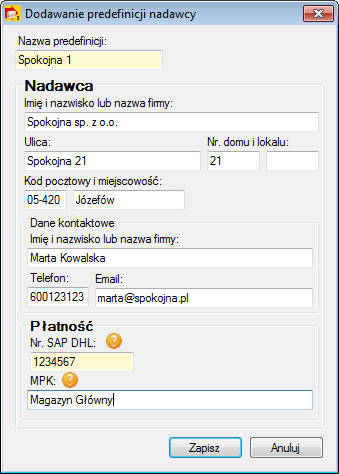 Podczas edycji predefinicji należy podać dane osoby lub firmy zamawiającej usługę przewozową, numer SAP zamawiającego oraz opcjonalnie dane kontaktowe osoby odpowiedzialnej za obsługę przesyłki po