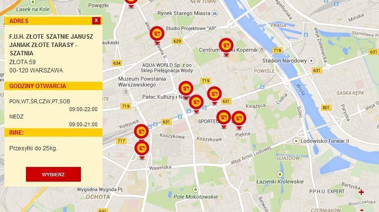 Jeśli dla zadanych parametrów zostaną zlokalizowane punkty odbioru zostanie