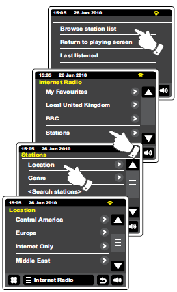 Wybieranie stacji radiowej według lokalizacji Dotknij paska menu Internet Radio raz lub dwa razy, aby wejść do listy menu radia internetowego.