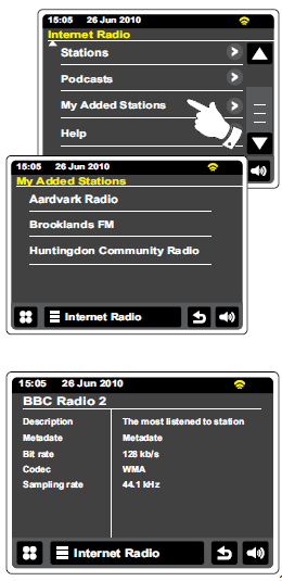 Wybieranie dodanych stacji. Dotknij paska menu Internet Radio raz lub dwa razy, aby wejść do listy radia internetowego. Dotknij i przeglądaj listę stacji i przewiń w dół, i wybierz Moje stacje dodane.