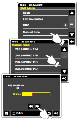 Strojenie ręczne. Strojenie ręczne pozwala dostroić się bezpośrednio do różnych kanałów Pasma III DAB (5A do 13F). Dotknij paska menu DAB raz lub dwa razy, aby otworzyć listę menu DAB.
