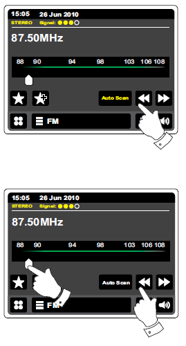 Auto skanowanie FM. Dotknij przycisku automatycznego skanowania, aż pojawi się Auto Tune w kolorze żółtym.