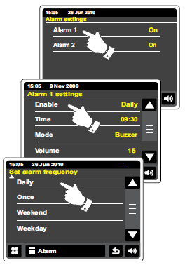 Ustawianie budzika Radio posiada dwa oddzielne alarmy, które można ustawić aby włączały radio, ipoda lub brzęczyk.