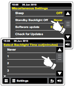 Wyłączanie podświetlenia w trybie czuwania. Radio posiada funkcję Standby backlight off (wyłączanie podświetlenia w trybie czuwania).