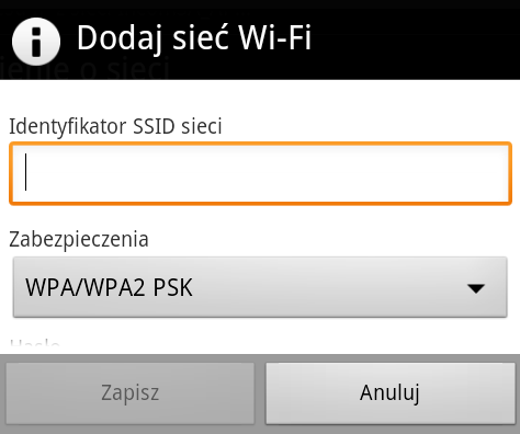 sieci WiFi poprzez wybranie z menu zakładki Dodaj sieć WiFi. Po wprowadzeniu klucza sieciowego i wybraniu rodzaju zabezpieczenia należy dokonany wybór potwierdzić klawiszem Zapisz.