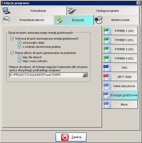 22.7 Eksport energii godzinowych oraz mocy W opcjach programu moŝliwe jest włączenie automatycznego eksportu energii godzinowych lub mocy po wykonanym odczycie.