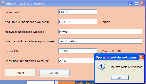 Otworzy się okno Zgłoś wniosek o umorzenie - pole Kod RŚP (składającego wniosek) jest domyślnie wypełnione przez system kodem RŚP Twojej firmy - kliknij lewym przyciskiem myszy na Znajdź, pola Nazwa