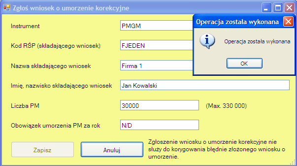 - wpisz w pole Liczba PM ilość praw majątkowych, które chcesz umorzyć, liczba nie może być większa niż Max.