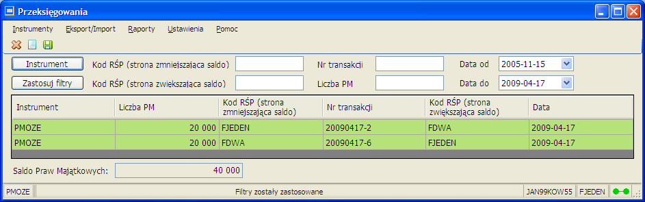 Otworzy się okno Umorzenia korekcyjne z umorzeniami w wybranym instrumencie (w tym przypadku PMGM).