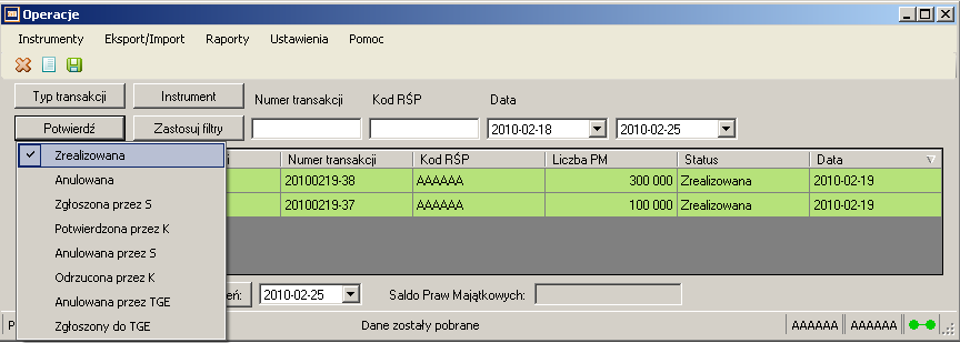 Możemy zobaczyć tylko wybrany status operacji np. Zrealizowana.