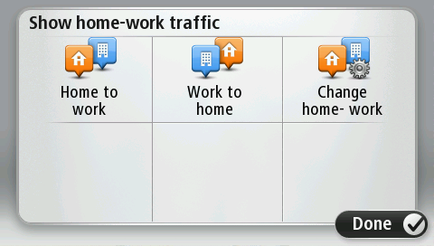 Jeśli korzystasz z któregoś z tych przycisków, urządzenie planuje trasę między domem i pracą oraz sprawdza ewentualne opóźnienia na trasie.