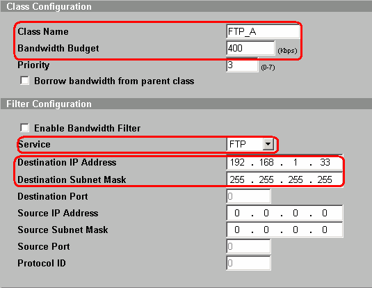 Krok 4: Definiujemy podklasę, która będzie dotyczyła uŝytkownika B i ruchu przychodzącego FTP. Class Name: Nadajemy nazwę, która będzie identyfikowała naszą podklasę.