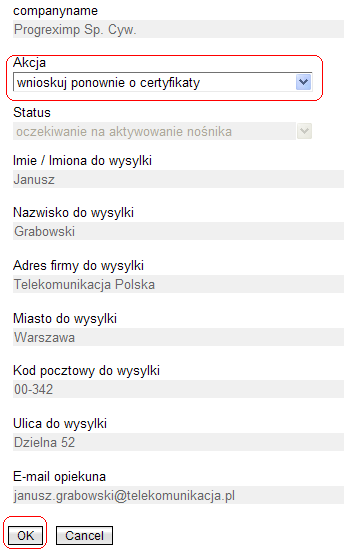 Rysunek 25 Wybranie i zatwierdzenie w formatce konta BPTP akcji "wnioskuj ponownie o certyfikaty" 3.1.