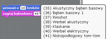 2 2 Zagraj... Kliknij Przeciągnij blok zagraj bębenkiem (znajdziesz go w zakładce DŹWIĘK ) i połącz z blokiem przesuń o kroków tak, jak na rysunku powyżej. Kliknij i posłuchaj.