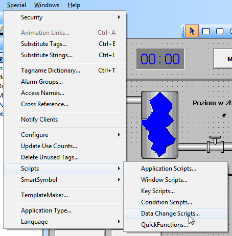 ZTMAiPC Laboratorium Systemów SCADA 5. Dla przycisku +1 utworzyć skrypt typu Touch Links»Touch Pushbutton»Action, Condition Type: On Key Down i While Down, Every: 1000 ms: kąt = kąt + 1; 6.